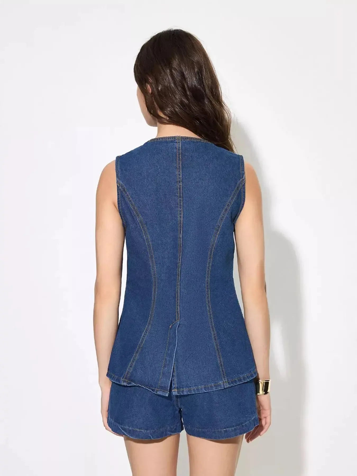 Button Up Sleeveless Denim Top and Shorts Set - Plush Fashion Hub