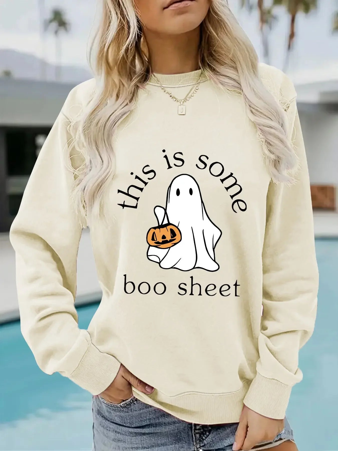 Casual Long Sleeve Boo Sheet Round Neck Halloween Printed Pullover Hoodies - Plush Fashion Hub