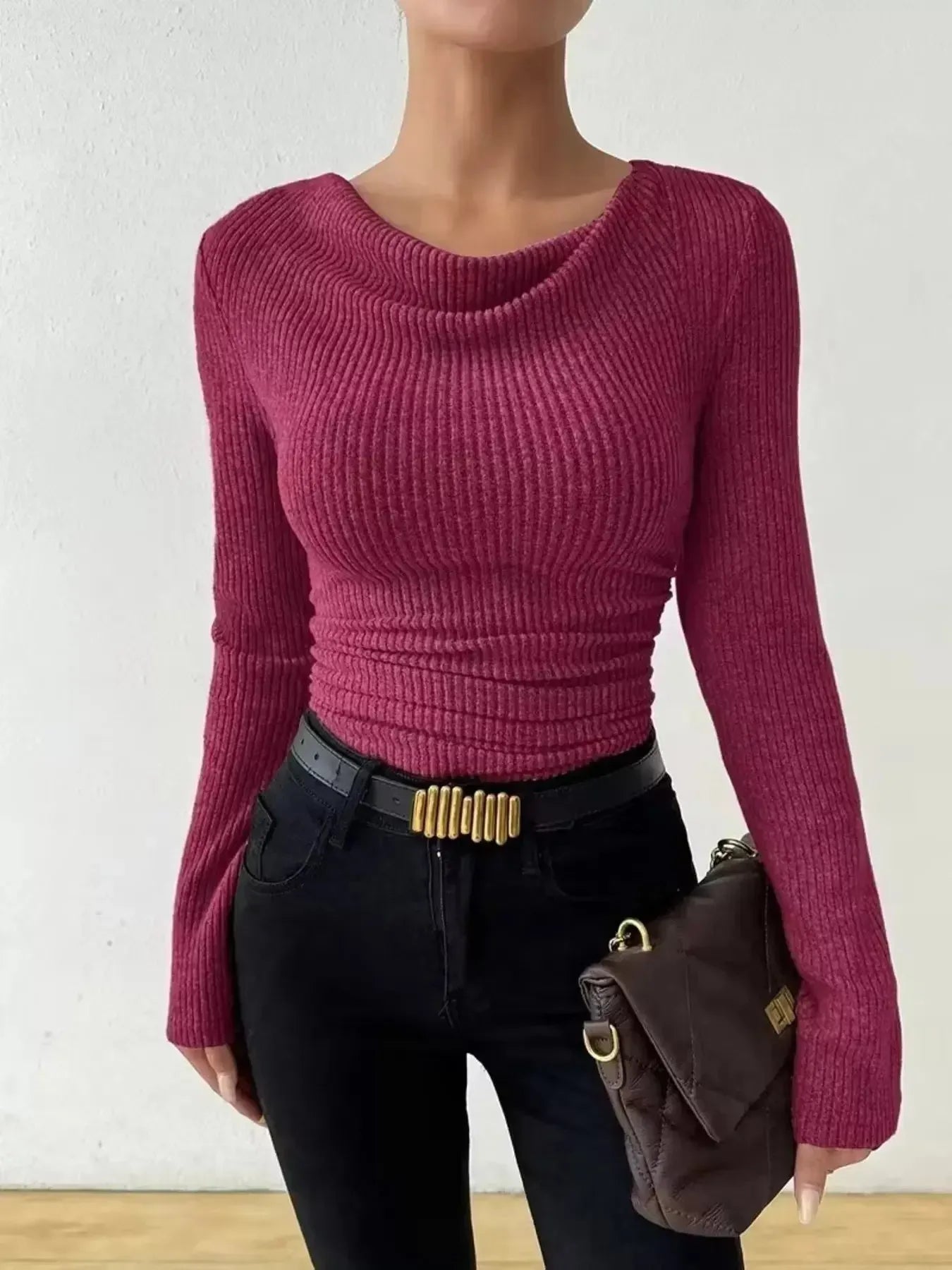 Cowl Neck Ribbed Long Sleeve Sweater - Plush Fashion Hub
