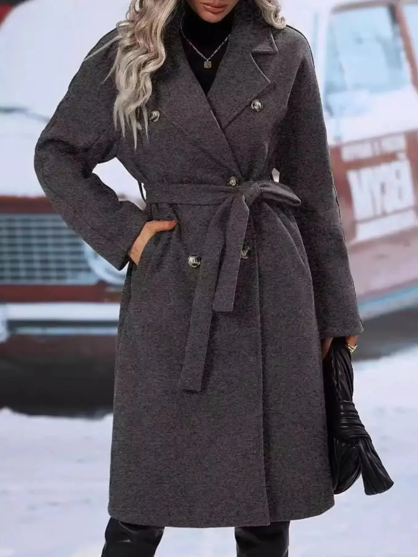 Double-Breasted Tie Waist Coat - Plush Fashion Hub