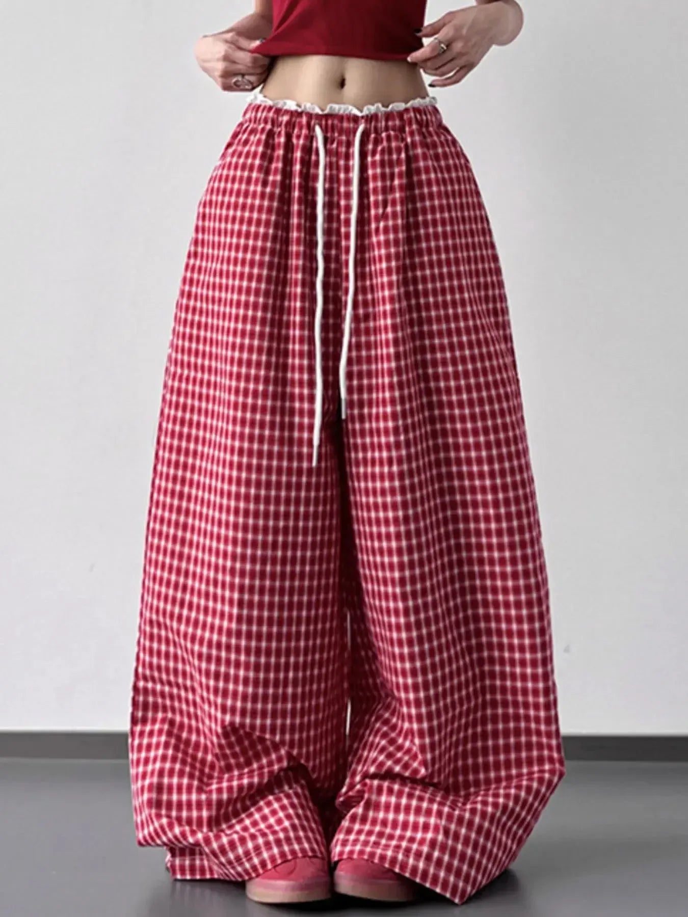 Drawstring Plaid Wide Leg Pants - Plush Fashion Hub