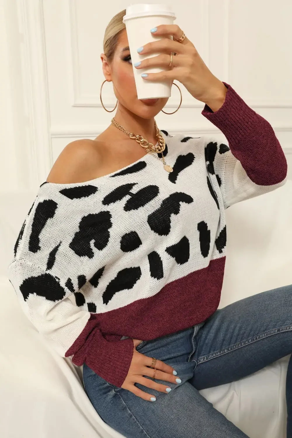 Full Size Two-Tone Boat Neck Sweater - Plush Fashion Hub
