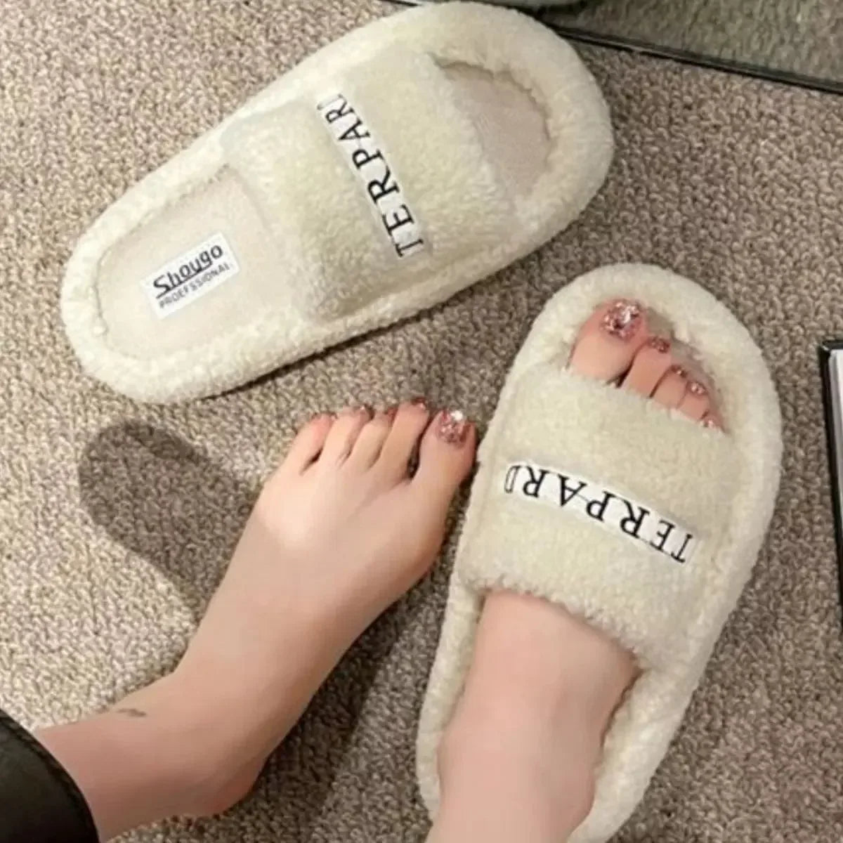 Fuzzy Plush Open Toe Slippers - Plush Fashion Hub