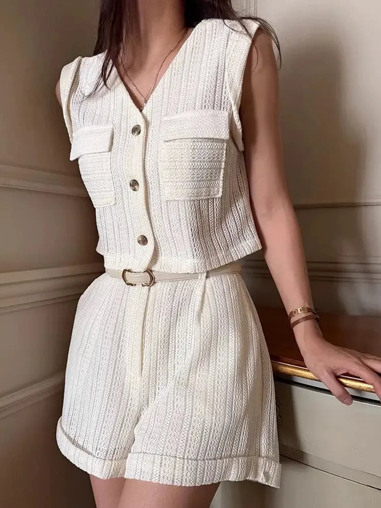 Hollow Lace Pocket Vest + High Waist Rolled Shorts Two-Piece Set - Plush Fashion Hub