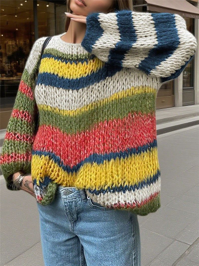 Women Clothing Sweater Rainbow Striped Knitted Pullover Retro Loose Street Bella Mia