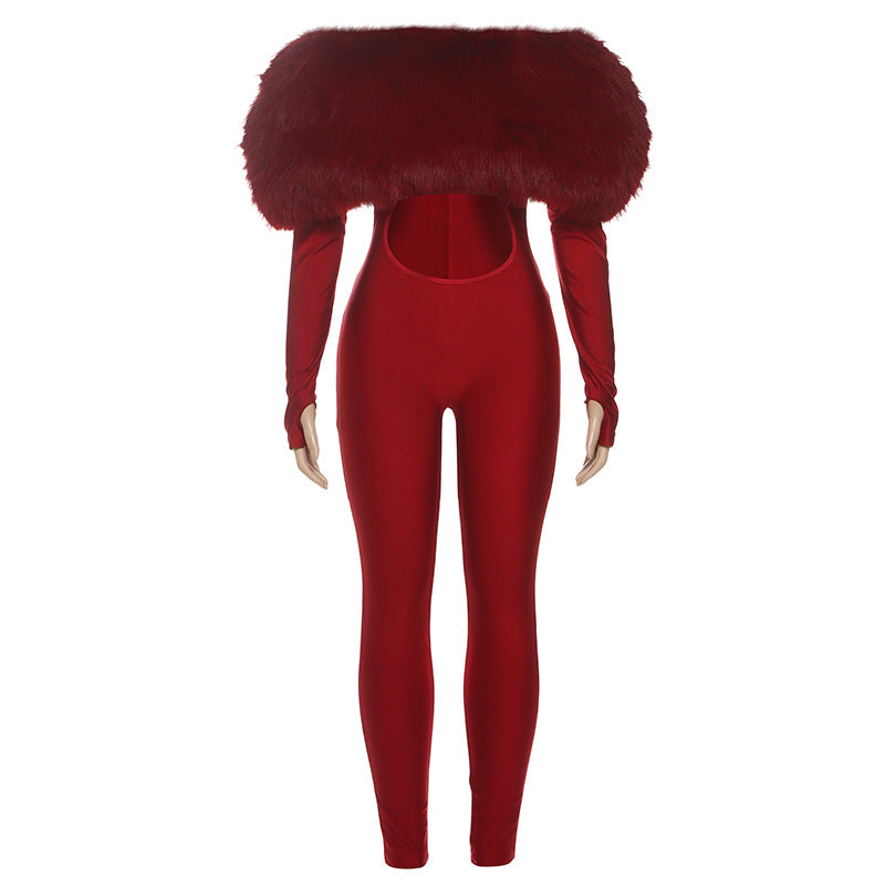 Autumn Winter Women off Shoulder Furry Stitching Sexy Cropped Long Sleeve Jumpsuit Women Bella Mia