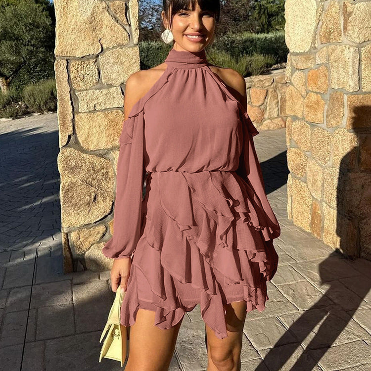 Elegant Chiffon Dress Women Halter Off the Shoulder Long Sleeve High Waist A line Dress Bella Mia