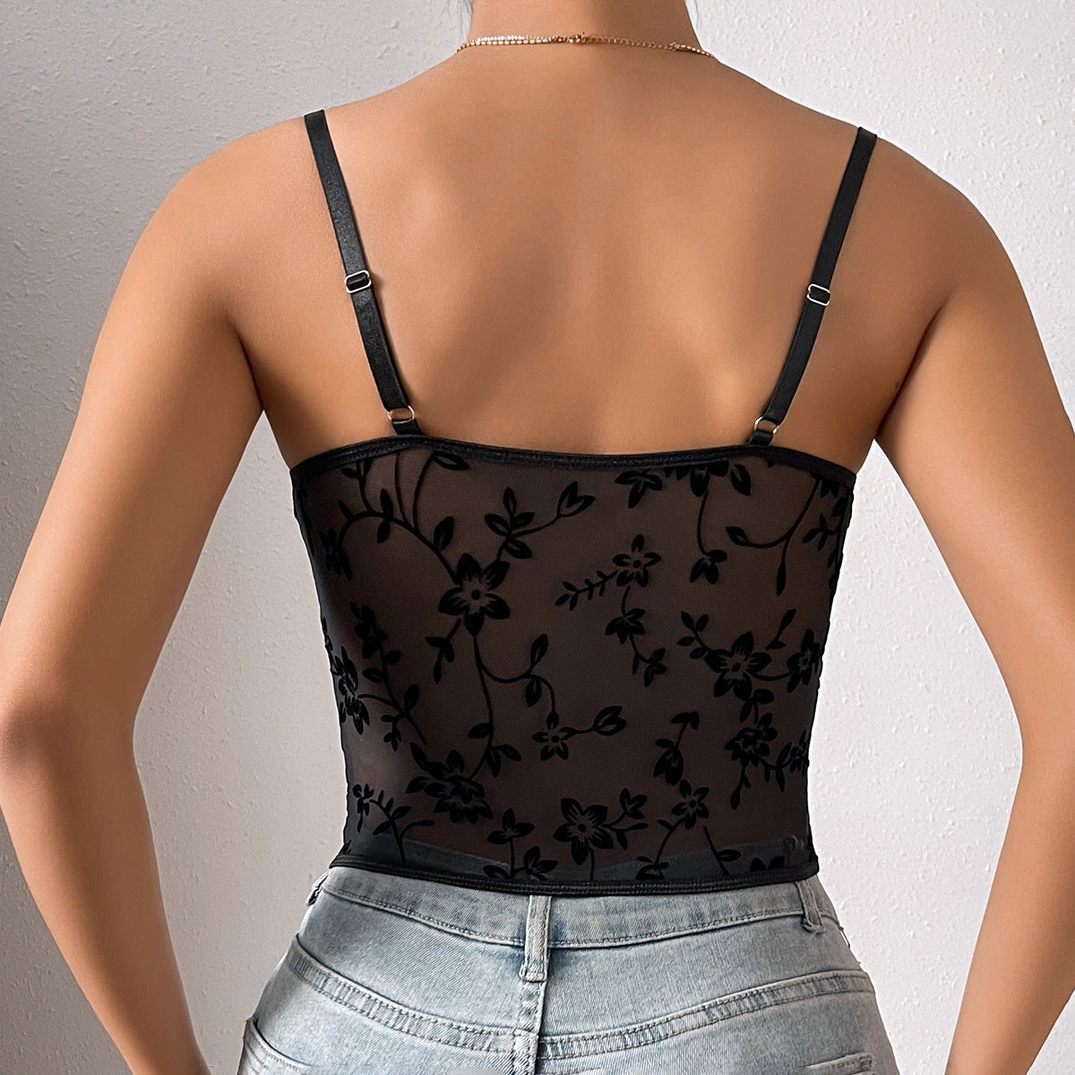 Women Sexy Low Cut See through Sling Stitching Mesh Boning Corset Waist Short Top Women Bella Mia