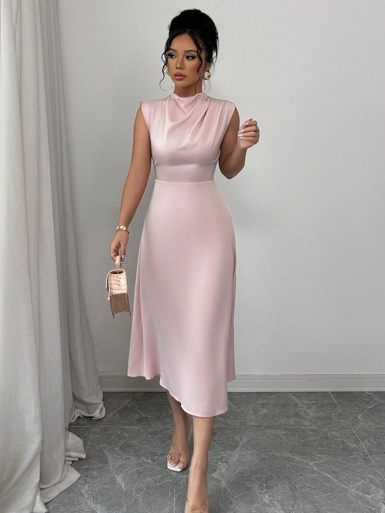 Women Clothing Summer Satin Women Pleated Satin Mid Length A line Dress Bella Mia