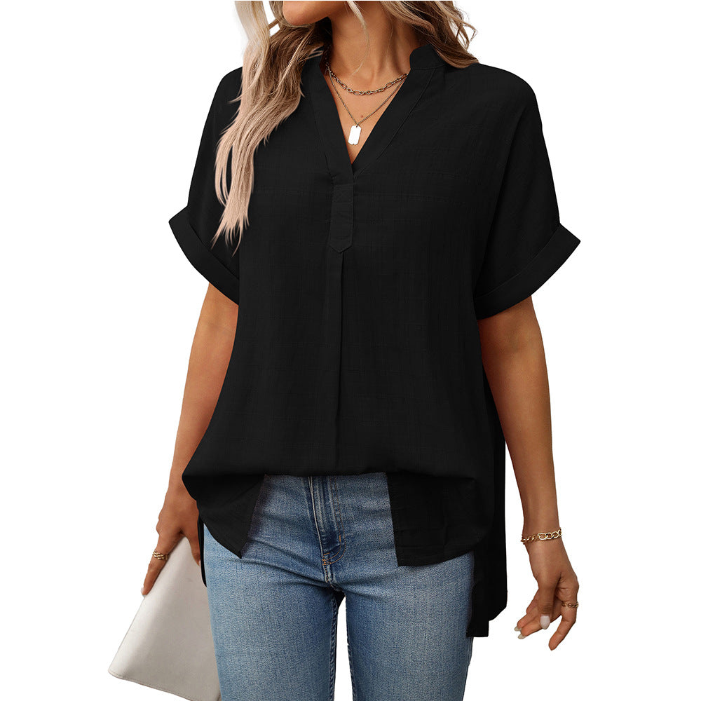 Summer Women V neck Short Sleeve Striped Loose Plaid Shirt Bella Mia