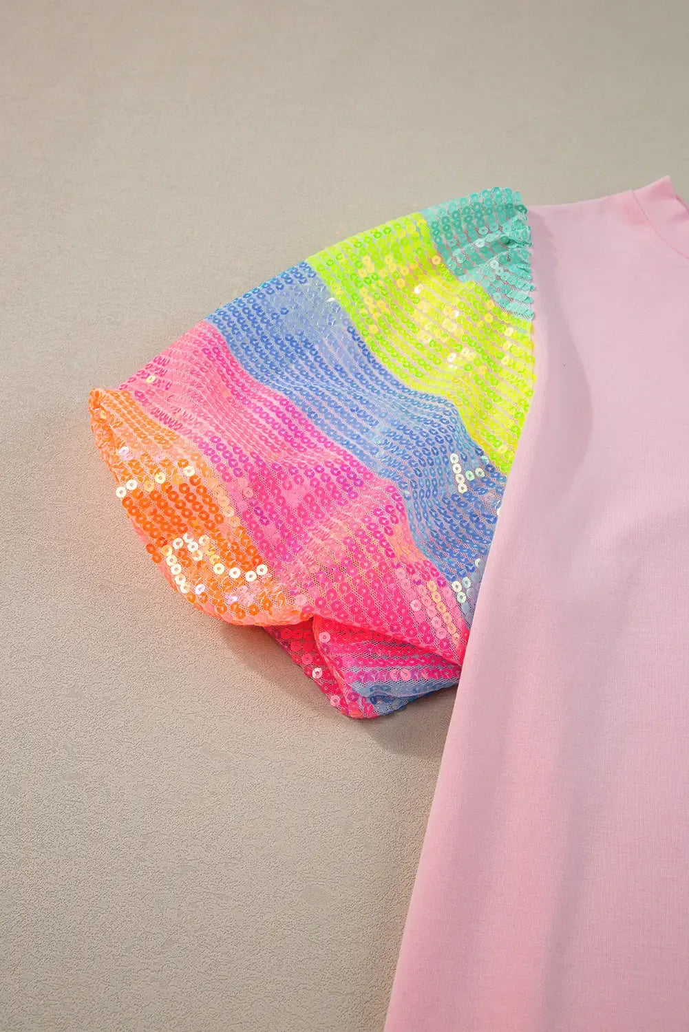 Rainbow Pastel Sequin Puff Sleeve Top - Plush Fashion Hub