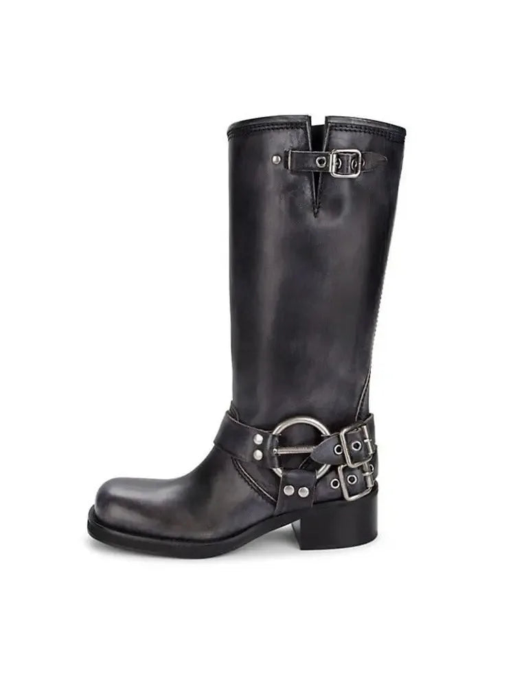 Retro Studded Knight Chunky Heel Boots - Plush Fashion Hub