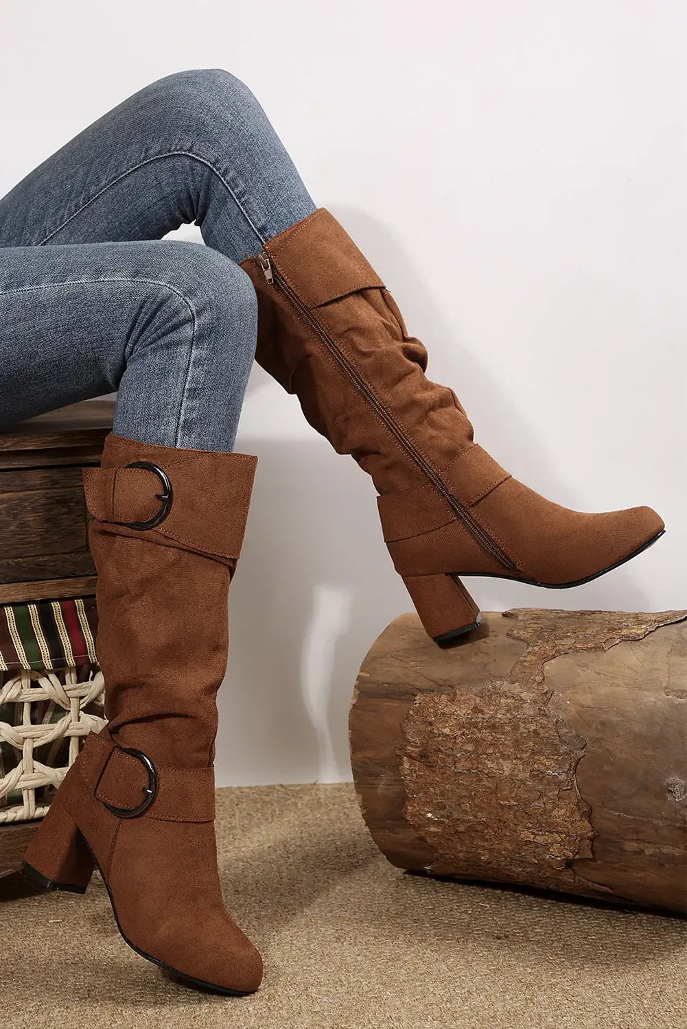 Suede Double Buckled Side Zipped Mid-calf Boots - Plush Fashion Hub