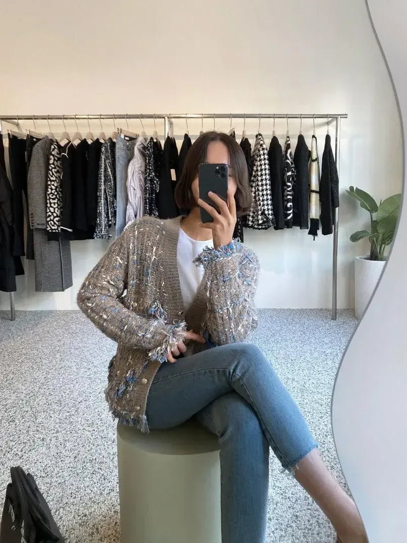 Vintage V-Neck Fringed Frayed Mélange Knit Cardigan - Plush Fashion Hub