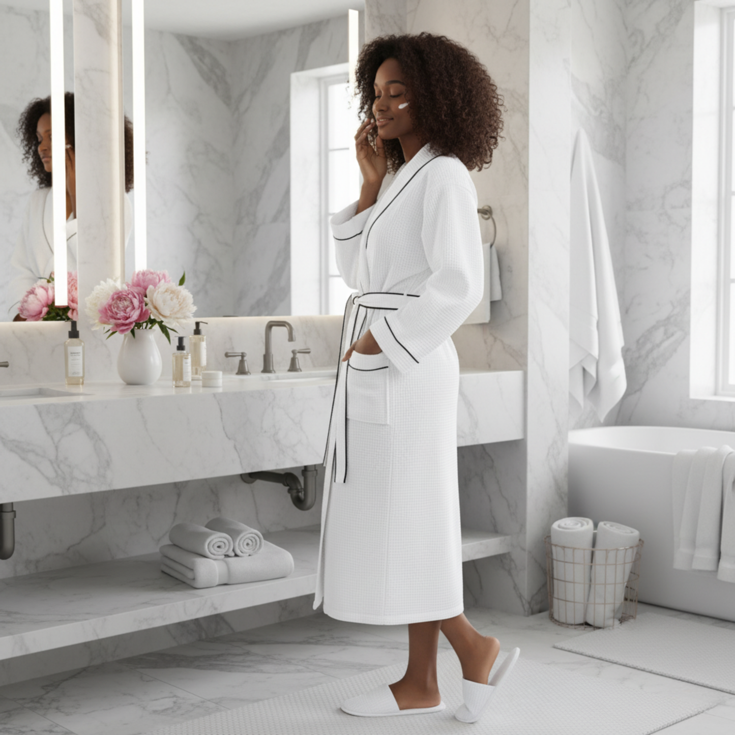 Women’s Waffle Piping Bathrobe – Lightweight Spa-Style Comfort - Plush Fashion Hub