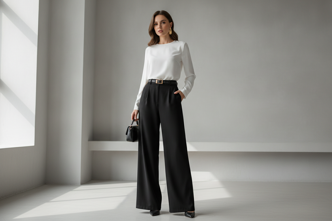 Chic inspiration on how to style wide leg pants with a white blouse for modern, effortless fashion