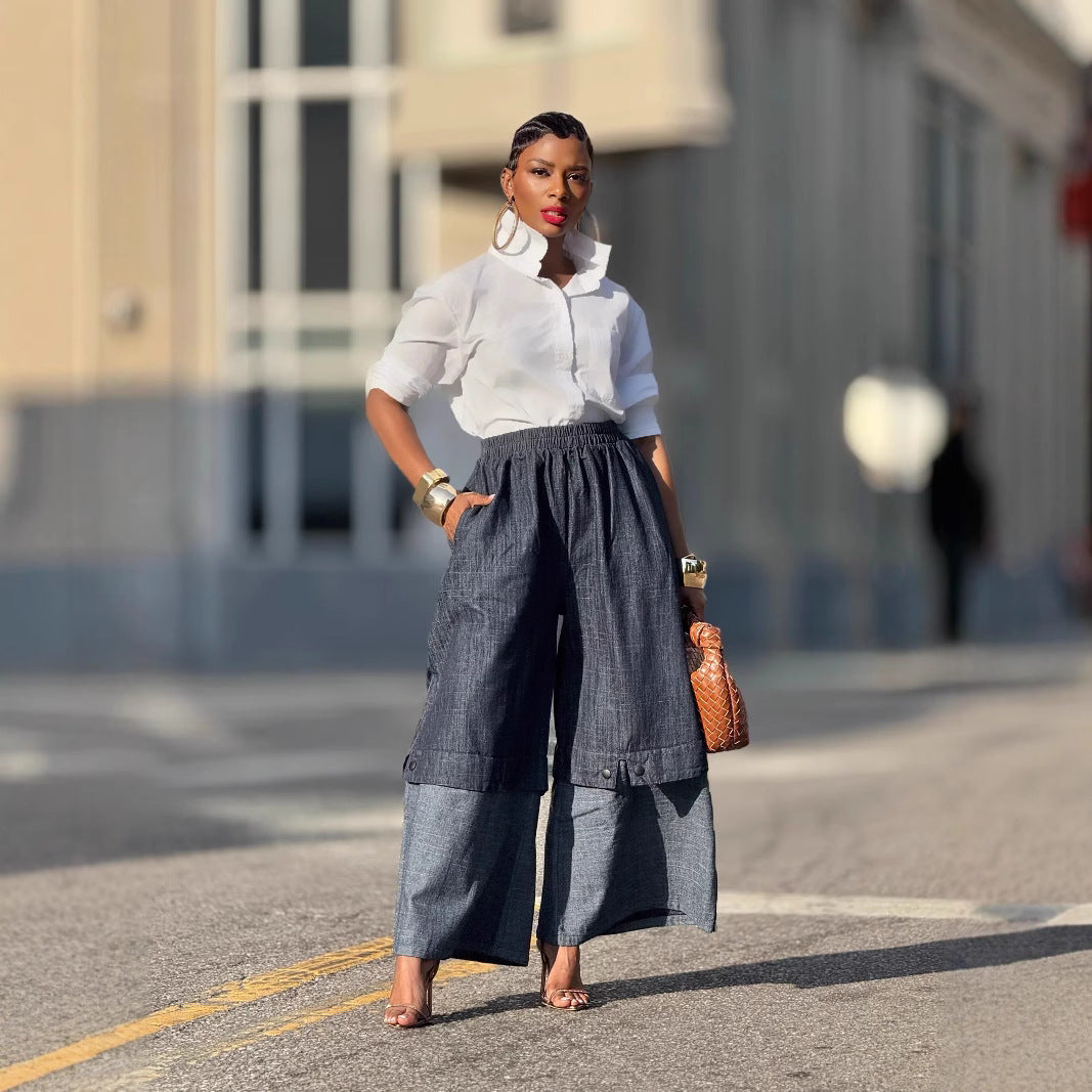 Patchwork color-blocking wide-leg denim jeans by Plush Fashion Hub, featuring vibrant patchwork design and relaxed fit.