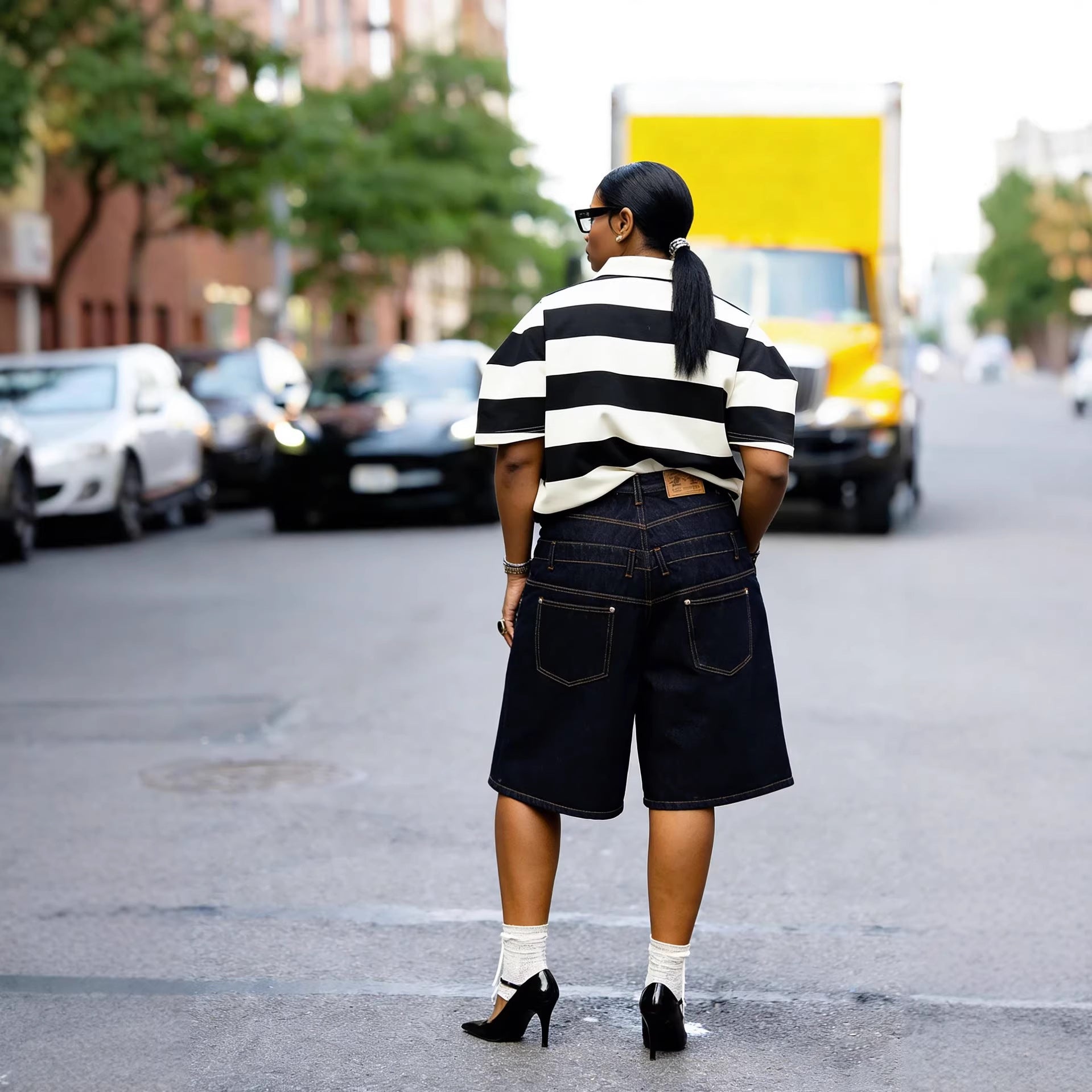 Street Style Double Waistband Studded Denim Two-Piece Set