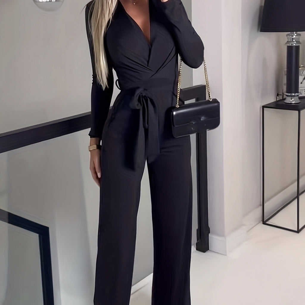 Ladies' slim fit sexy V-neck long-sleeved jumpsuit from Plush Fashion Hub, casualwear with a flattering silhouette and stylish design.