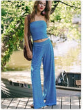 Women's striped tube top and matching pants set by FitiqueFit, casualwear two-piece modal outfit, front view, vibrant striped pattern