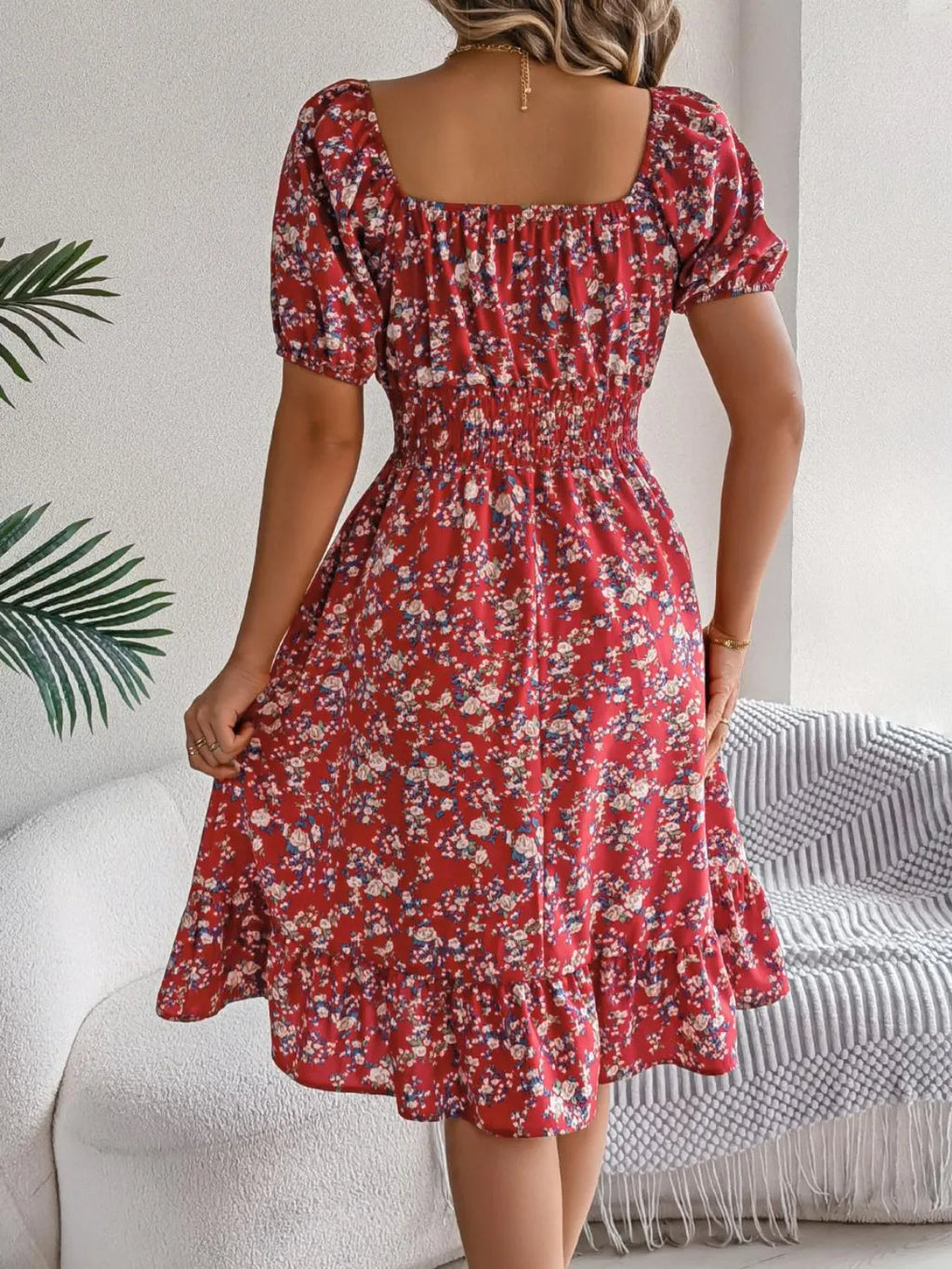 Floral puff sleeve dress with ruffled hem from Shopimist, featuring a feminine design and lightweight fabric, perfect for spring outings.