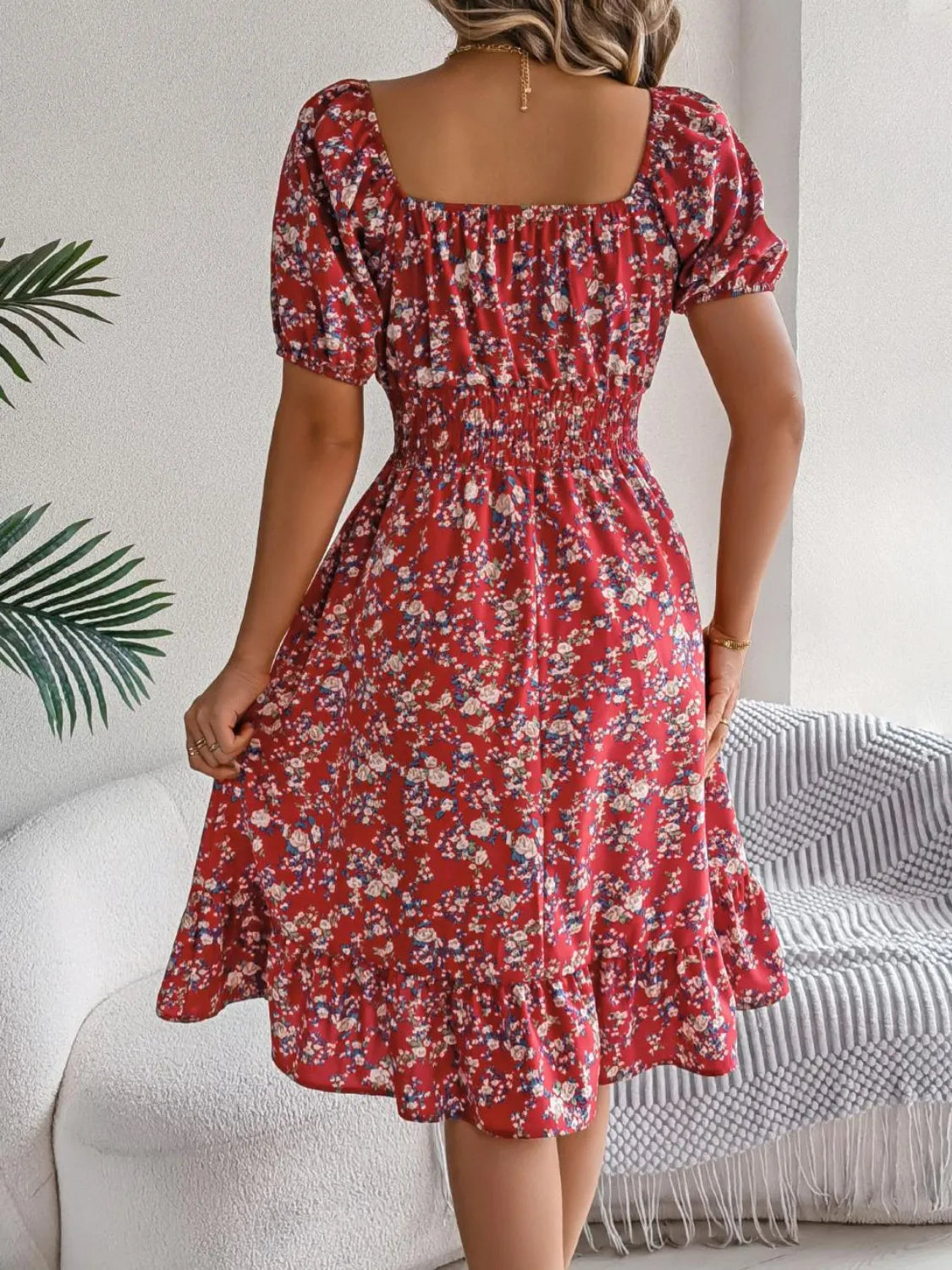 Floral puff sleeve dress with ruffled hem from Shopimist, featuring a feminine design and lightweight fabric, perfect for spring outings.