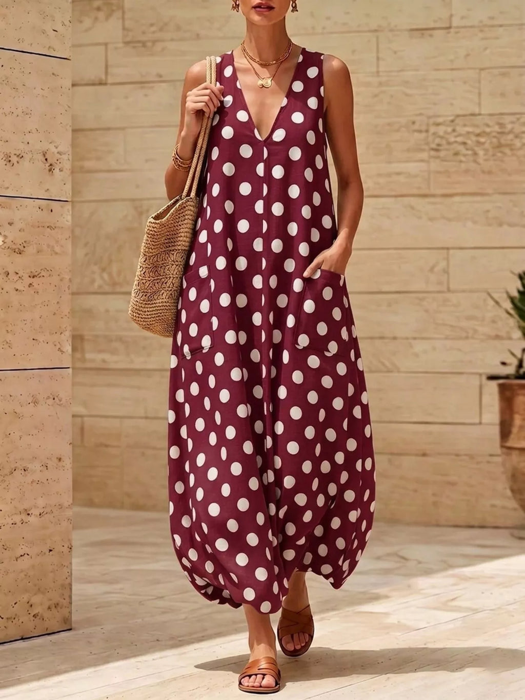 Polka dot V-neck sleeveless maxi dress by Shopimist featuring a flowing silhouette and stylish pattern.