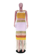 Color block maxi dress by Shopimist featuring fringe crochet knit details and a flowing silhouette.