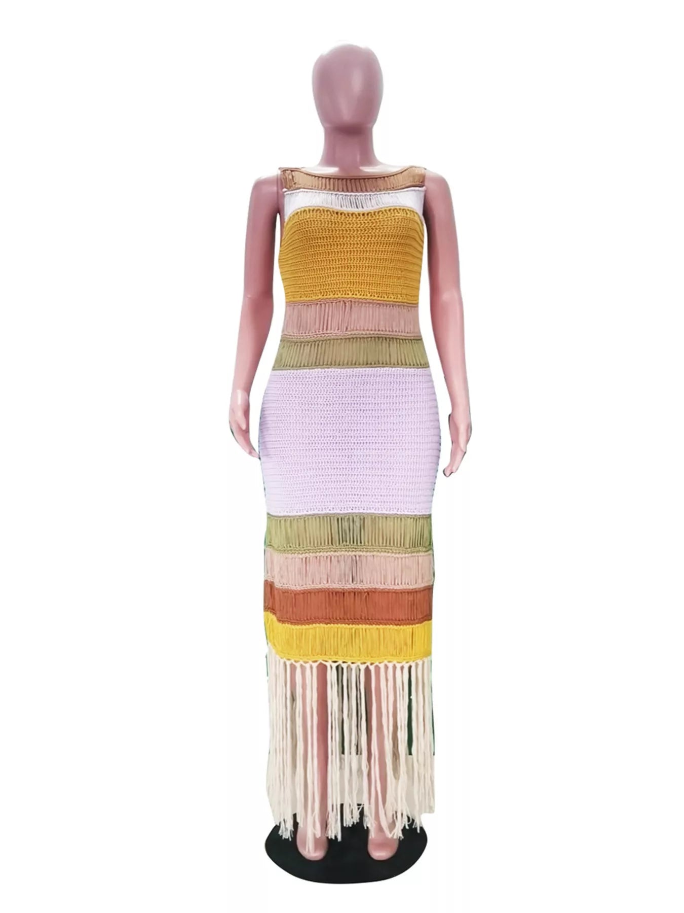 Color block maxi dress by Shopimist featuring fringe crochet knit details and a flowing silhouette.