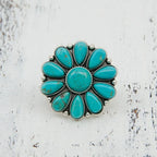 Artificial turquoise alloy flower ring featuring a detailed floral design, perfect for stylish jewelry accessories.