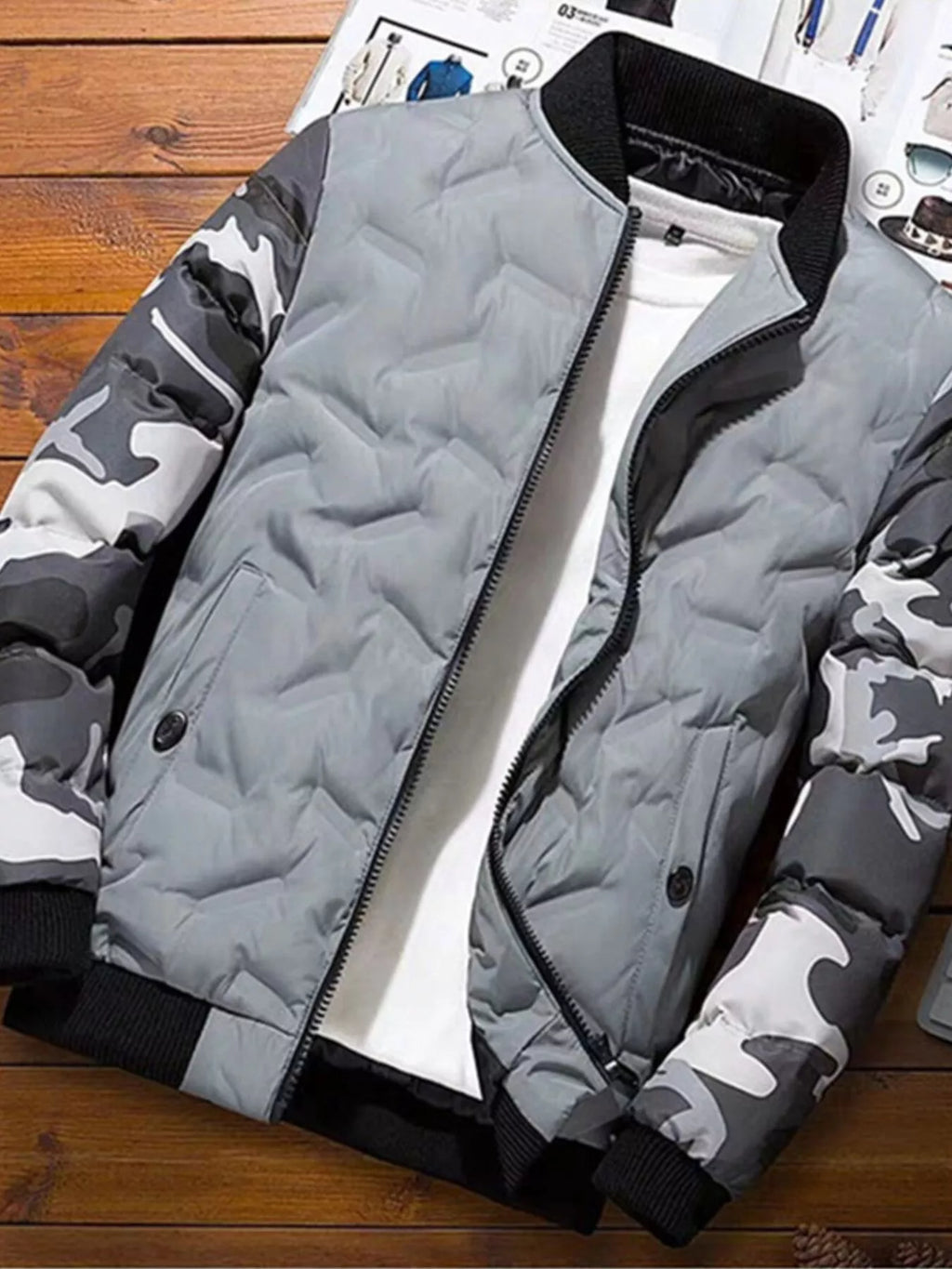 Men's full size camouflage padded bomber jacket by Shopimist, featuring a durable padded design and camouflage print for a stylish look.