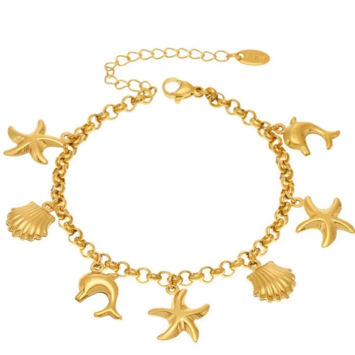18K gold-plated sea shell charm bracelet with delicate links and ocean-inspired charms, stylish jewelry accessory.