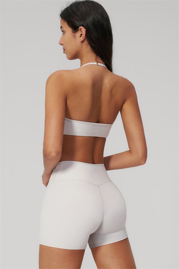 Plush Fashion Hub Rapture sports bra and shorts 2-piece set, black athletic wear with sleek fit and supportive design.