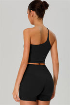 Fitglutes activewear one-shoulder crop top and shorts 2-piece set, stylish gymwear and workout clothes for women.