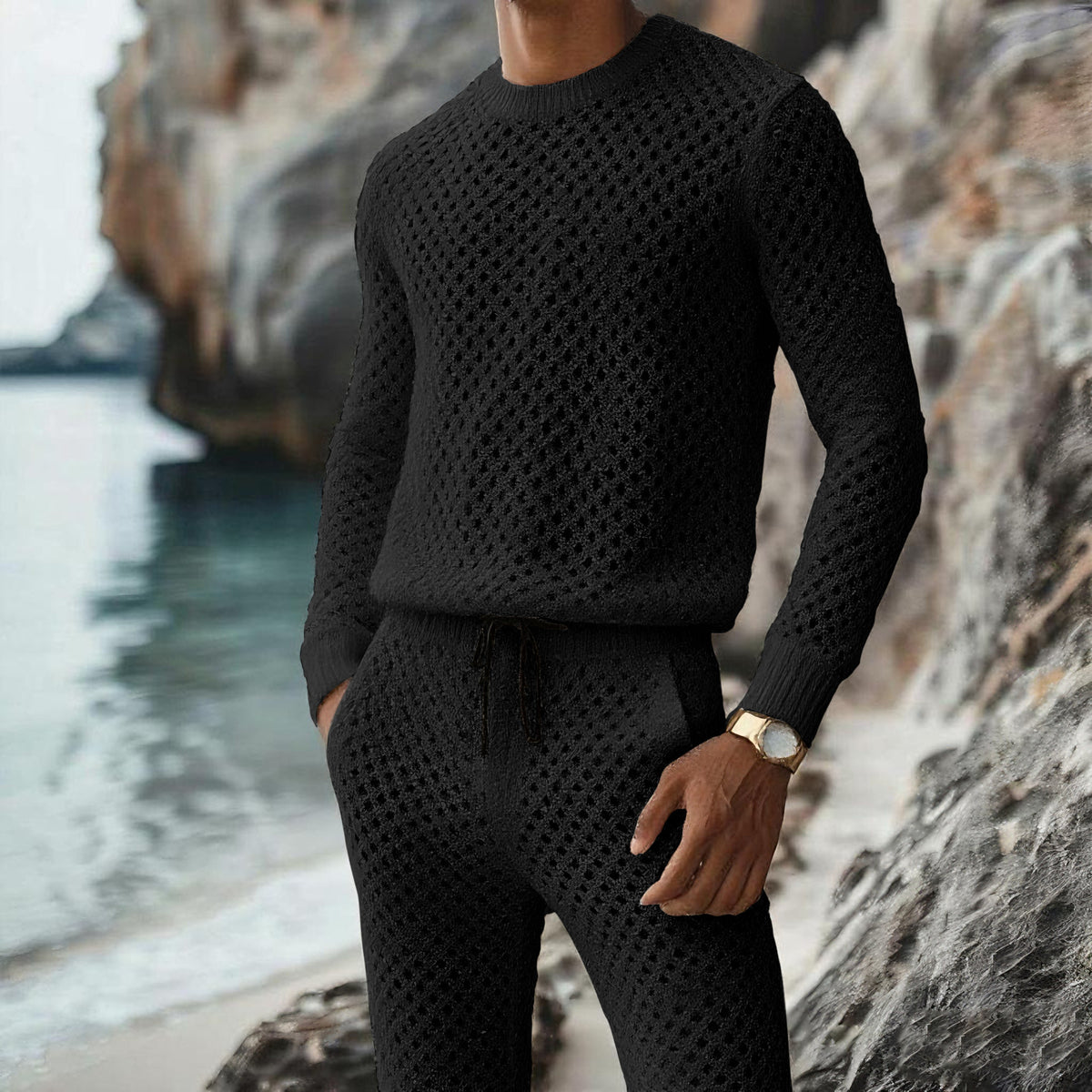 Women's ribbed long sleeve knit lounge top by Plush Fashion Hub, soft, fitted, with a round neckline and long sleeves.