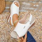 Shopimist peep toe wedge sandals with ankle straps and chunky heels, stylish and comfortable for summer wear.
