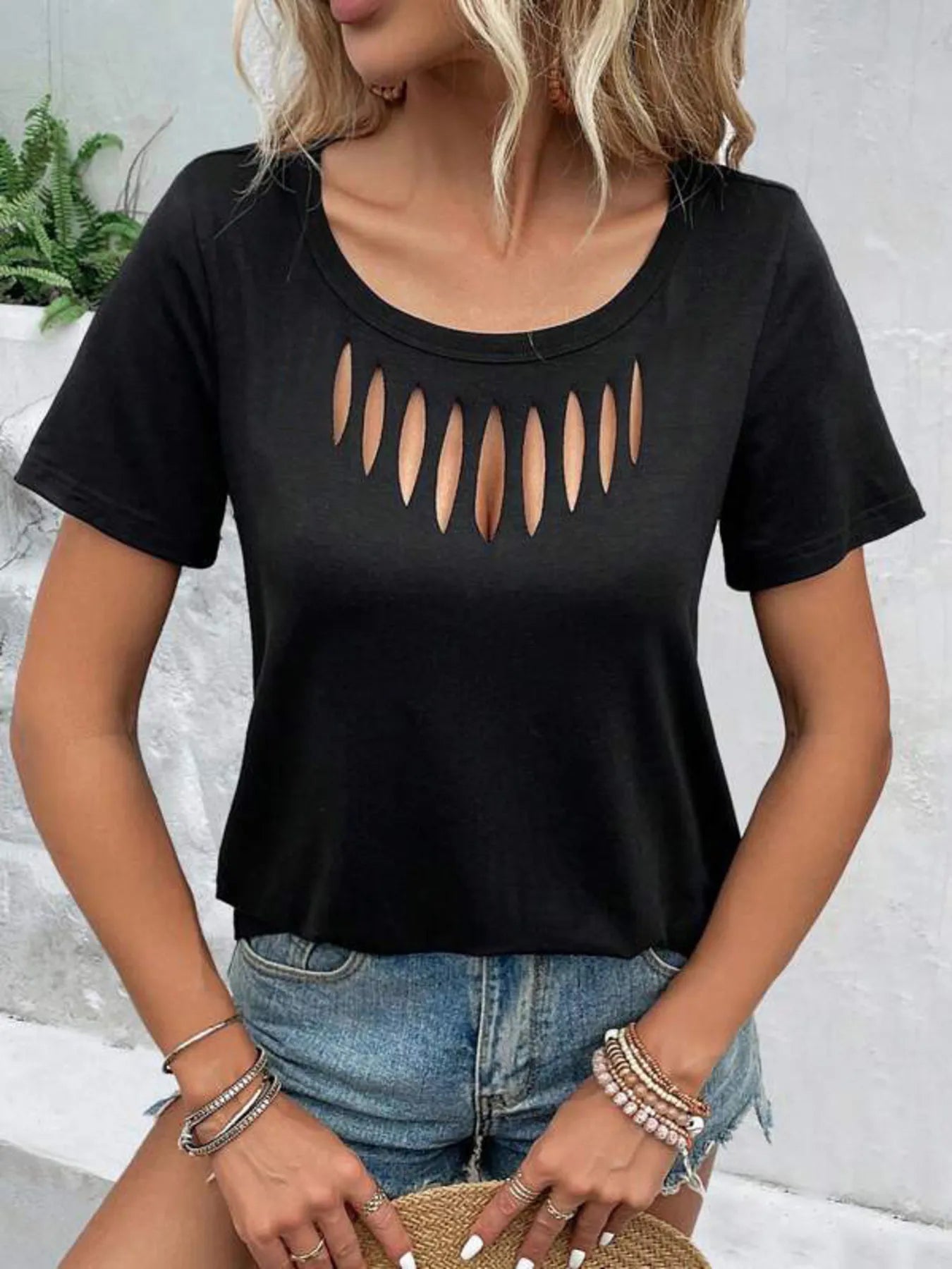 Hollow out neckline short sleeve T-shirt from Trendsi, casual tops featuring a stylish cutout design and comfortable fit.