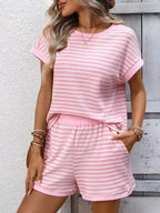 Striped casual round neck top and shorts set by Simply Love, featuring a comfortable fit and stylish design.