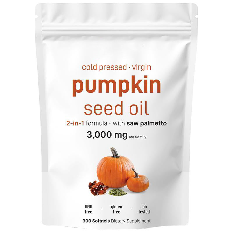 Eprolo pumpkin seed oil extract soft capsules for health and beauty, showing a close-up of the capsules in a bottle.