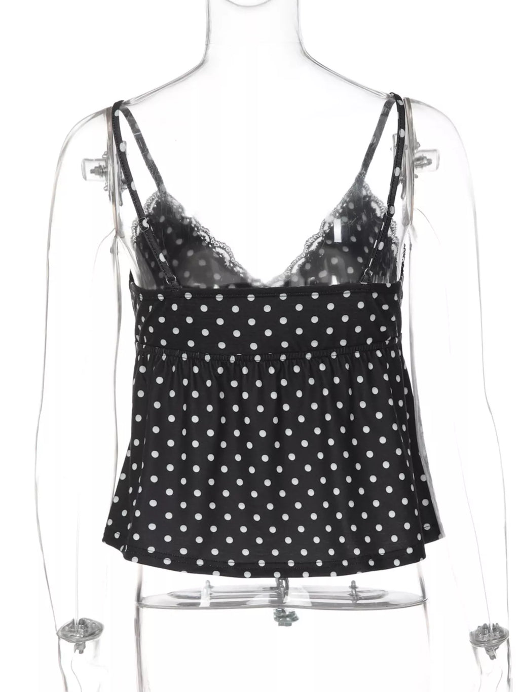 Polka dot lace trim cami top by Shopimist featuring a delicate lace neckline and polka dot fabric in a stylish, feminine design.