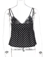 Polka dot lace trim cami top by Shopimist featuring a delicate lace neckline and polka dot fabric in a stylish, feminine design.