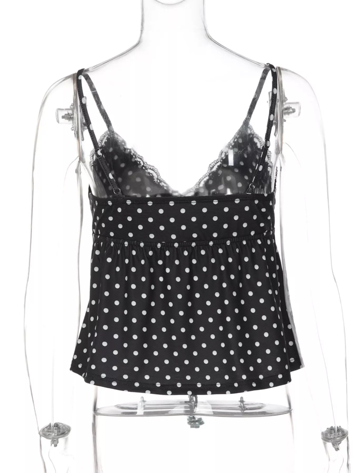 Polka dot lace trim cami top by Shopimist featuring a delicate lace neckline and polka dot fabric in a stylish, feminine design.