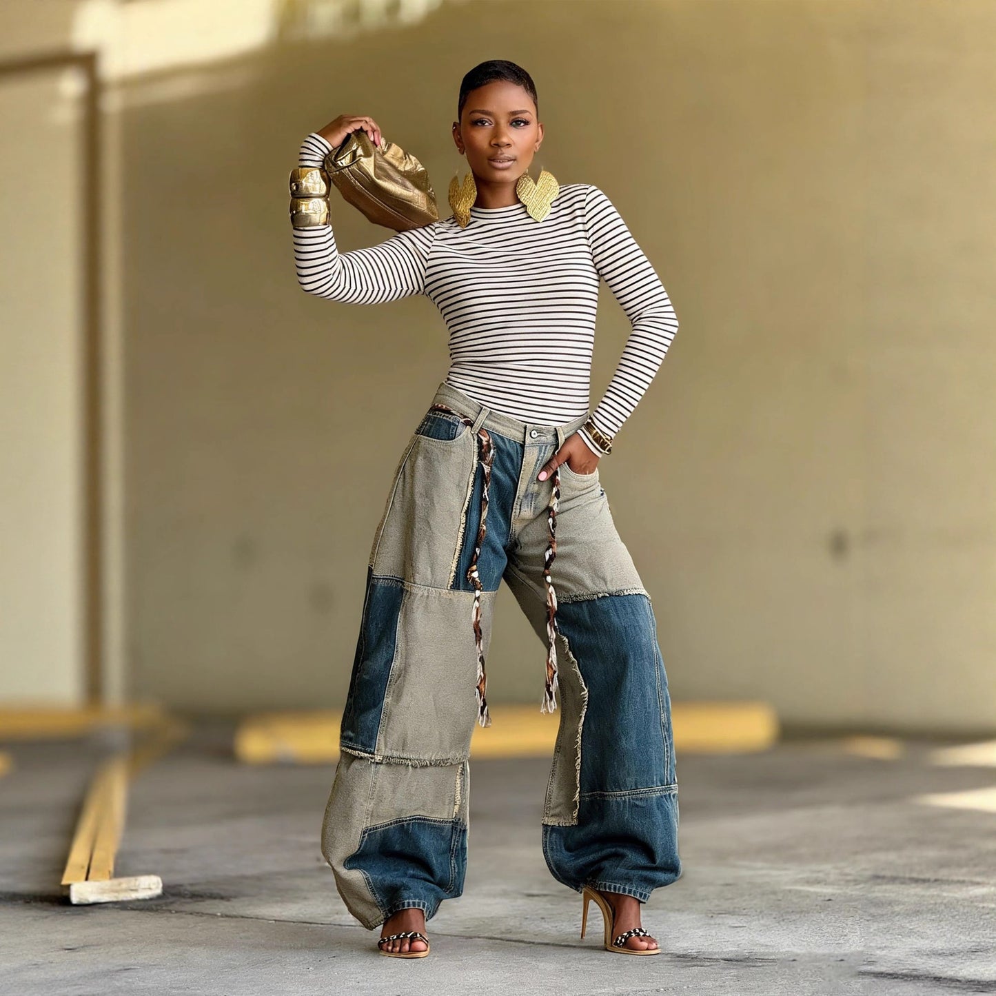Two-tone patchwork raw edge lash hem denim jeans with belt from Plush Fashion Hub, casual stylish women's fashion denim pants