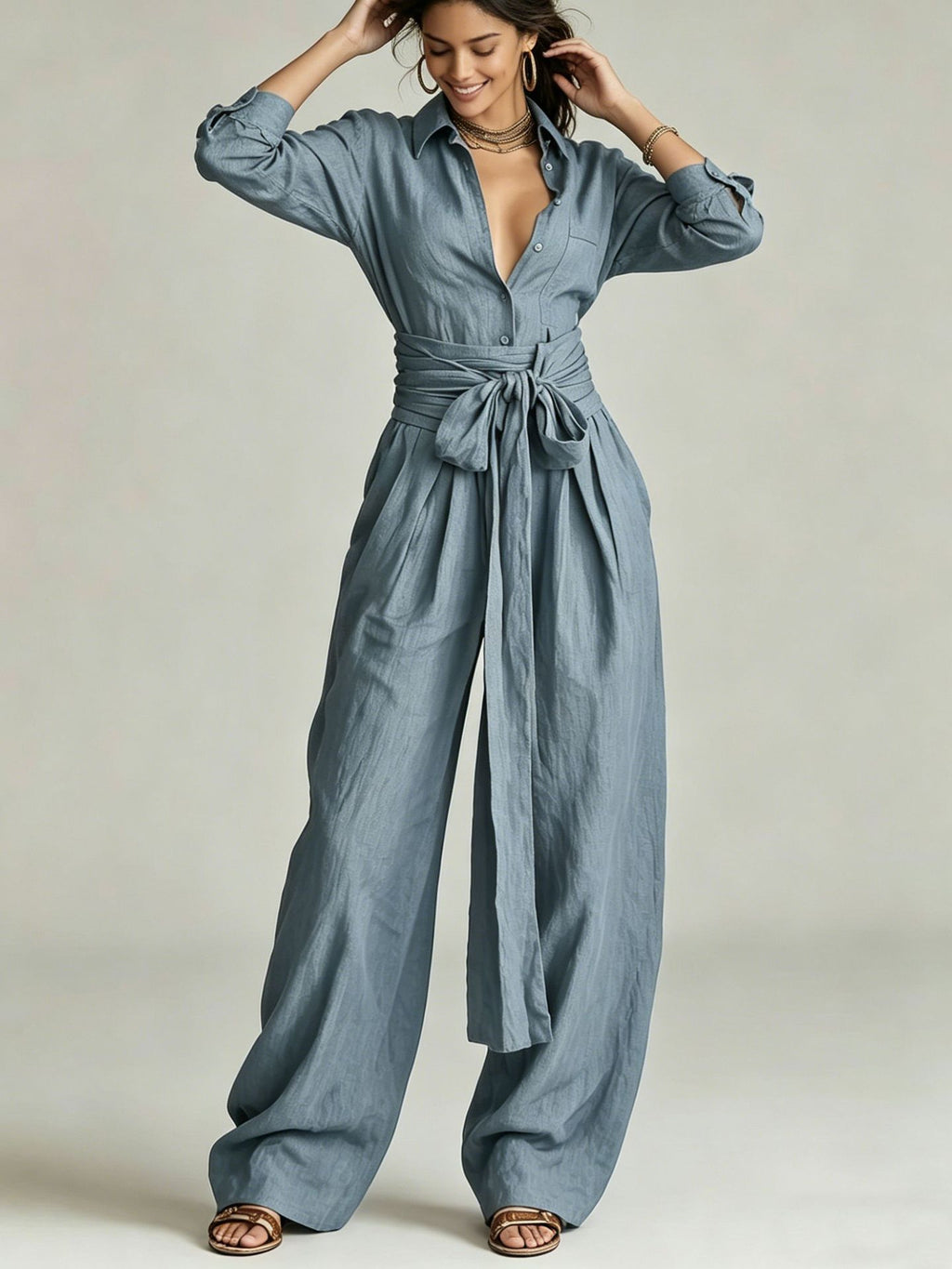 Solid color collar top high waisted pants two-piece set