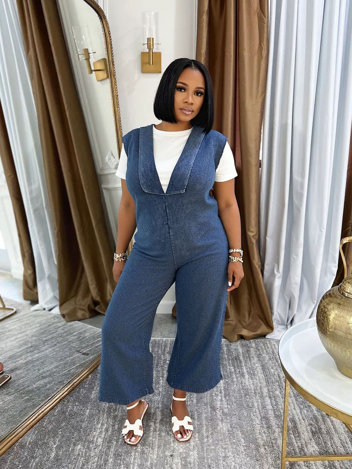 Washed denim V-neck casual jumpsuit with side pockets, plush fashion hub playsuit, stylish and comfortable for everyday wear.