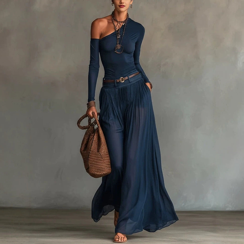 FitiqueFit asymmetrical shoulder long sleeve belt dress set with A-line maxi design, perfect for elegant evening wear.