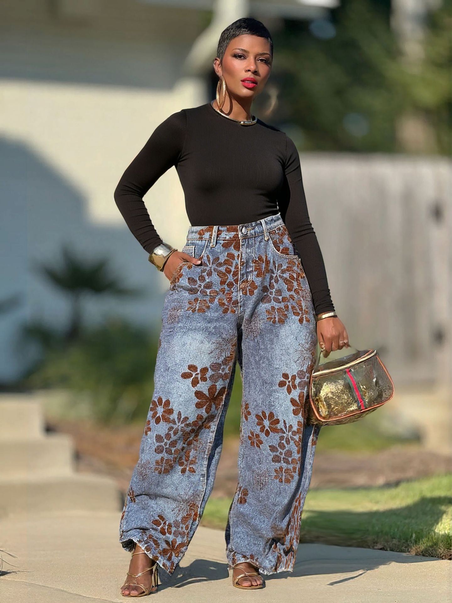Washed vintage floral flocked knife-edge denim jeans for women by Plush Fashion Hub, featuring distressed detailing and floral flocking.
