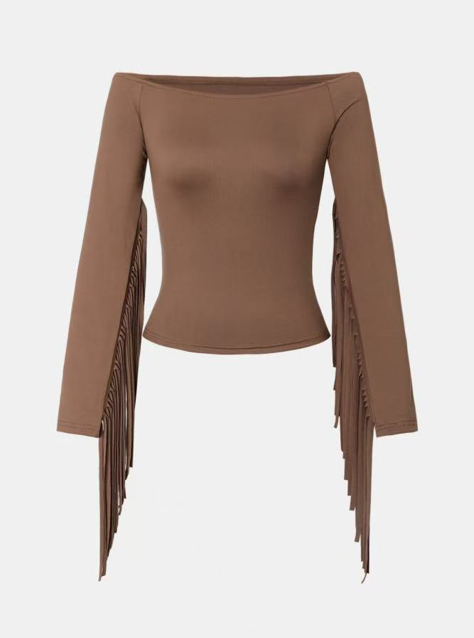 LadyShow.Store retro western fringe fitted T-shirt with fringe details and fitted design, casual and stylish for everyday wear.