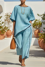 Women's casual resort loose short-sleeve top and pants set by Plush Fashion Hub, comfortable casualwear for relaxed style.
