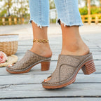 Women's chic peep toe block heel sandals by Trendsi featuring comfortable mid-heel dress shoes with stylish design and open toe style.